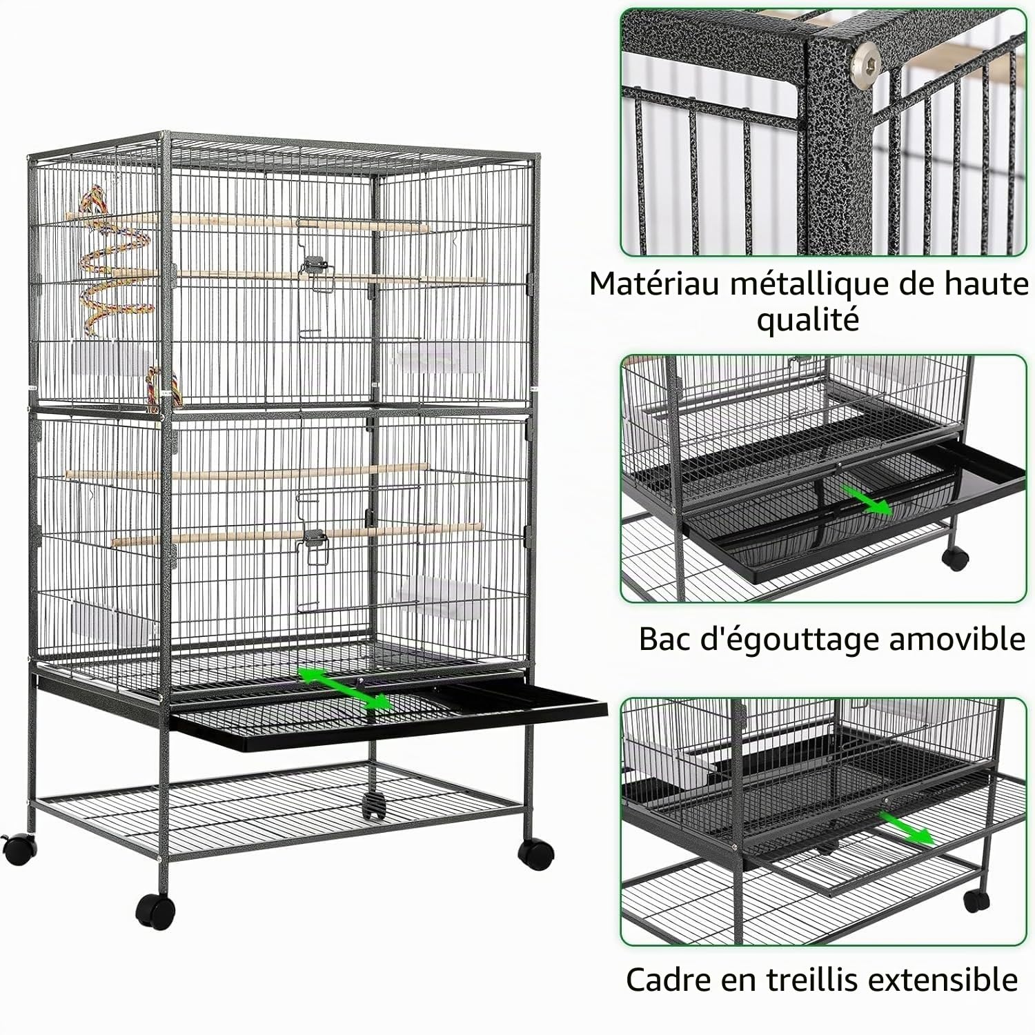 LIFERUN Grande Cage Oiseaux, Volière pour Oiseaux en Métal avec Corde Jouet | Cage Oiseaux avec 4PCS Roulettes, 2 Portes, 4 Perchoirs & 4 Mangeoires - pour Canaries Perroquet Perruches-132 x 78 x 52 cm