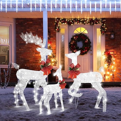 Miniatura 3 de VINGLI Juego de 3 Piezas de Familia de Renos Navideños Iluminados para Decoraciones Exteriores, Juego de Familia de Ciervos a Prueba de Clima de 3
