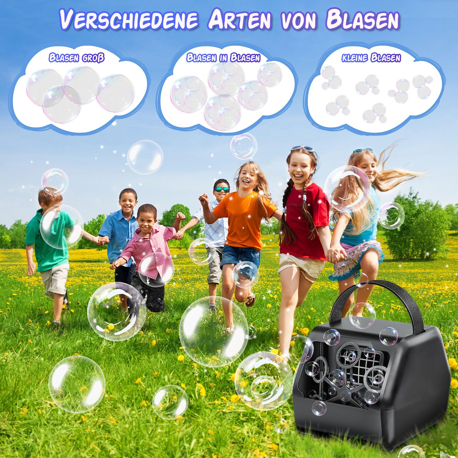 Nauotk Macchina per Bolle di Sapone, Macchina per Bolle Automatica 10000+ Bolle al Minuto, Portatile Soffiatore di Bolle per Bambini/Matrimonio/Compleanno/Festa di Natale/Festival(Nero)