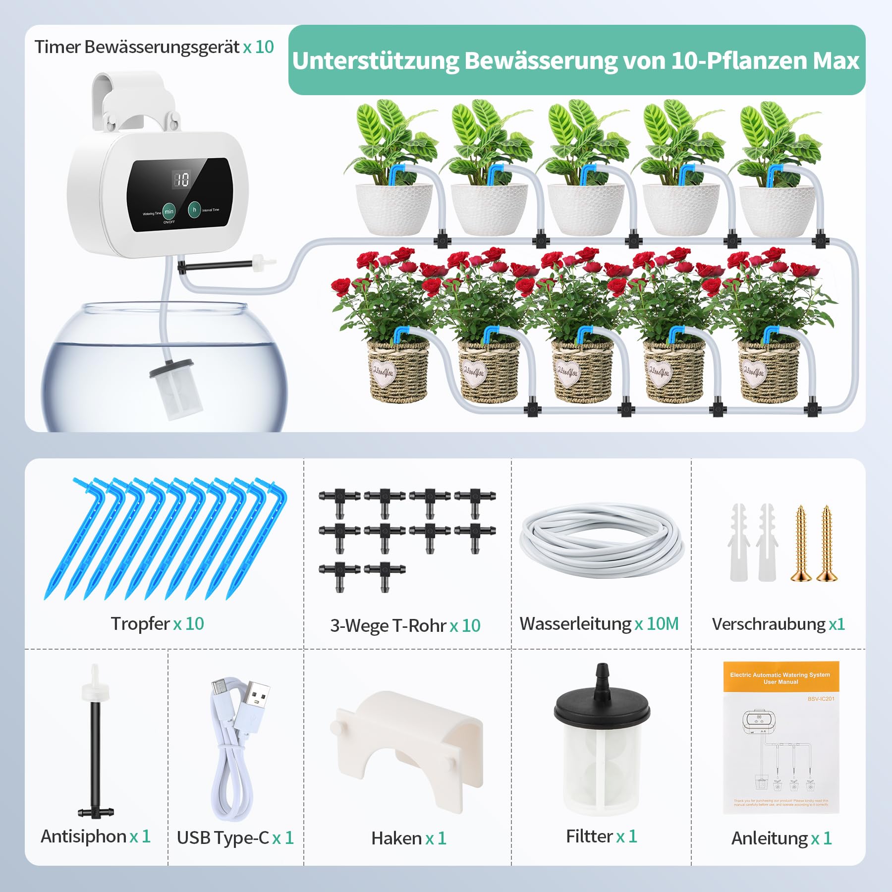 Système d'irrigation automatique - Goutte à goutte pour intérieur et jardin - Tuyau 10 m, 10 goutteurs