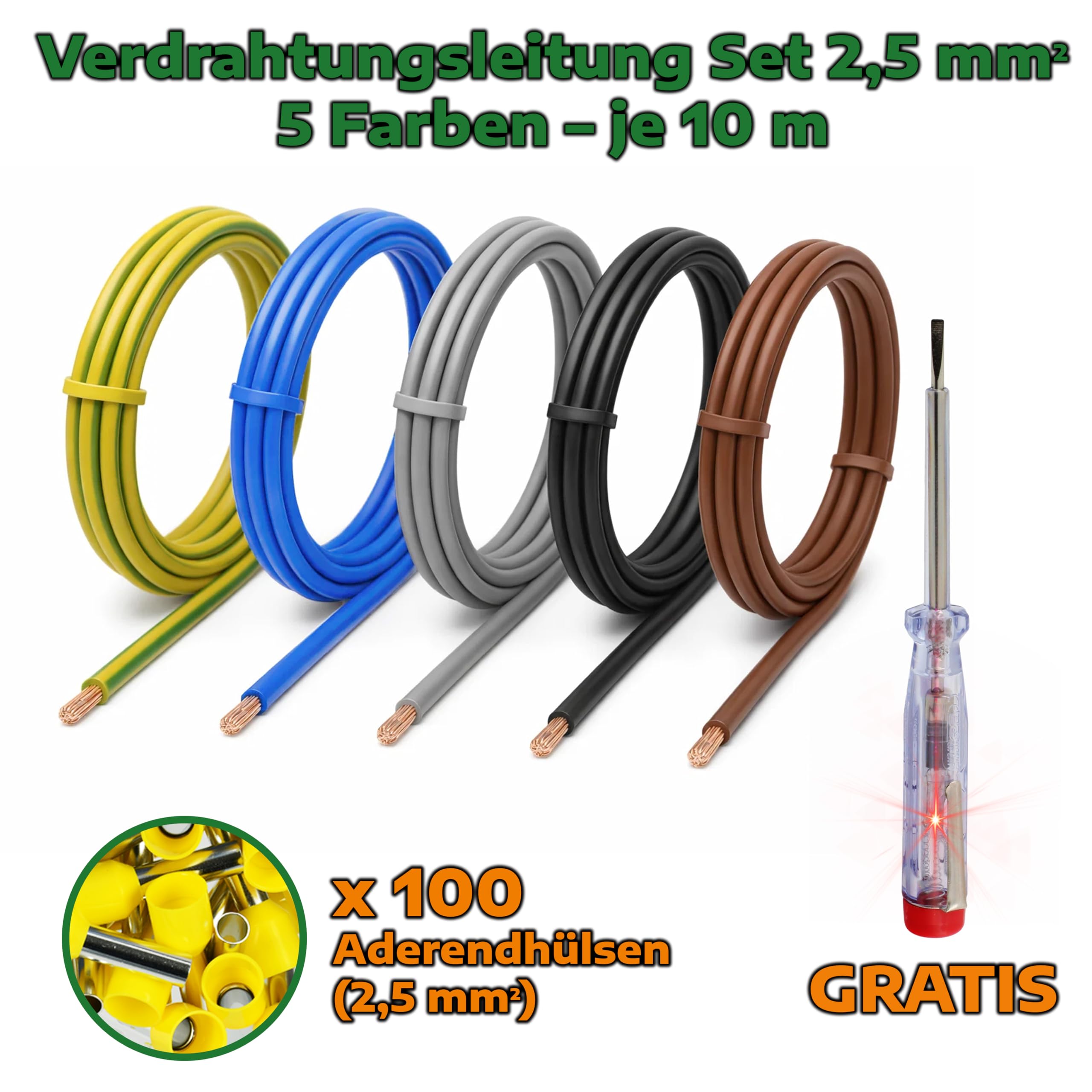 Kit de câblage flexible H07V-K - 2,5 mm² - 5 x 10 m - Avec 100 embouts de câble - Idéal pour compteur, câbles de terre et ponts de câblage