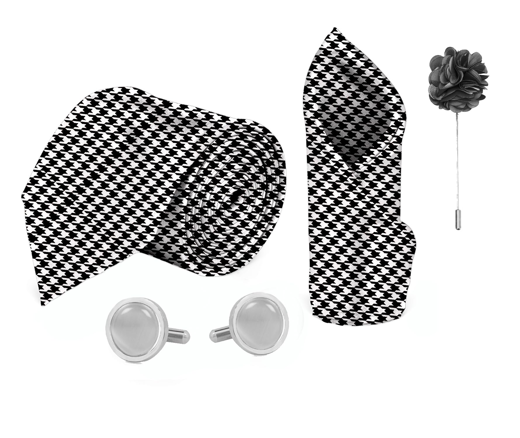 blacksmith Black & White Houndstooth Printed Tie, Pocket Square, cufflink & Lapel Pin Set for Men-picture-17