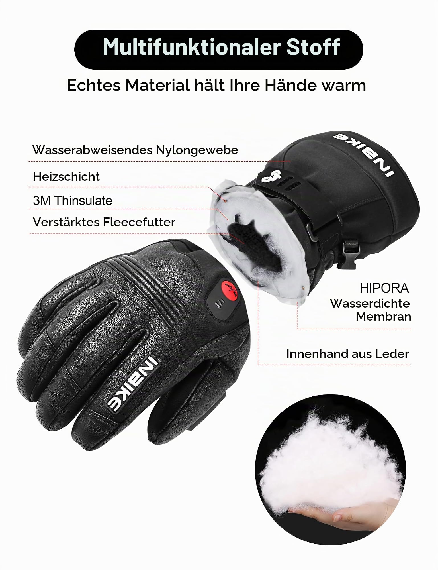 INBIKE Beheizbare Handschuhe Motorrad Skihandschuhe Ski Winter Beheizte Hnadschuhe mit Heizung Thermo Winterhandschuhe Schwarz Lederhandschuhe