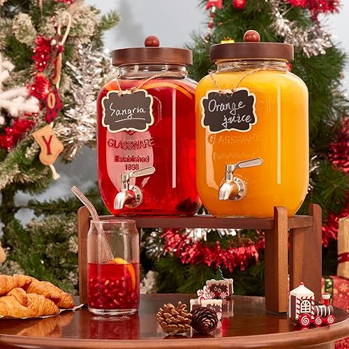Miniatura 6 de Dispensador de bebidas de vidrio con soporte de madera, dispensador de bebidas de 1 galón para fiestas con espiga de acero inoxidable 188 a prueba