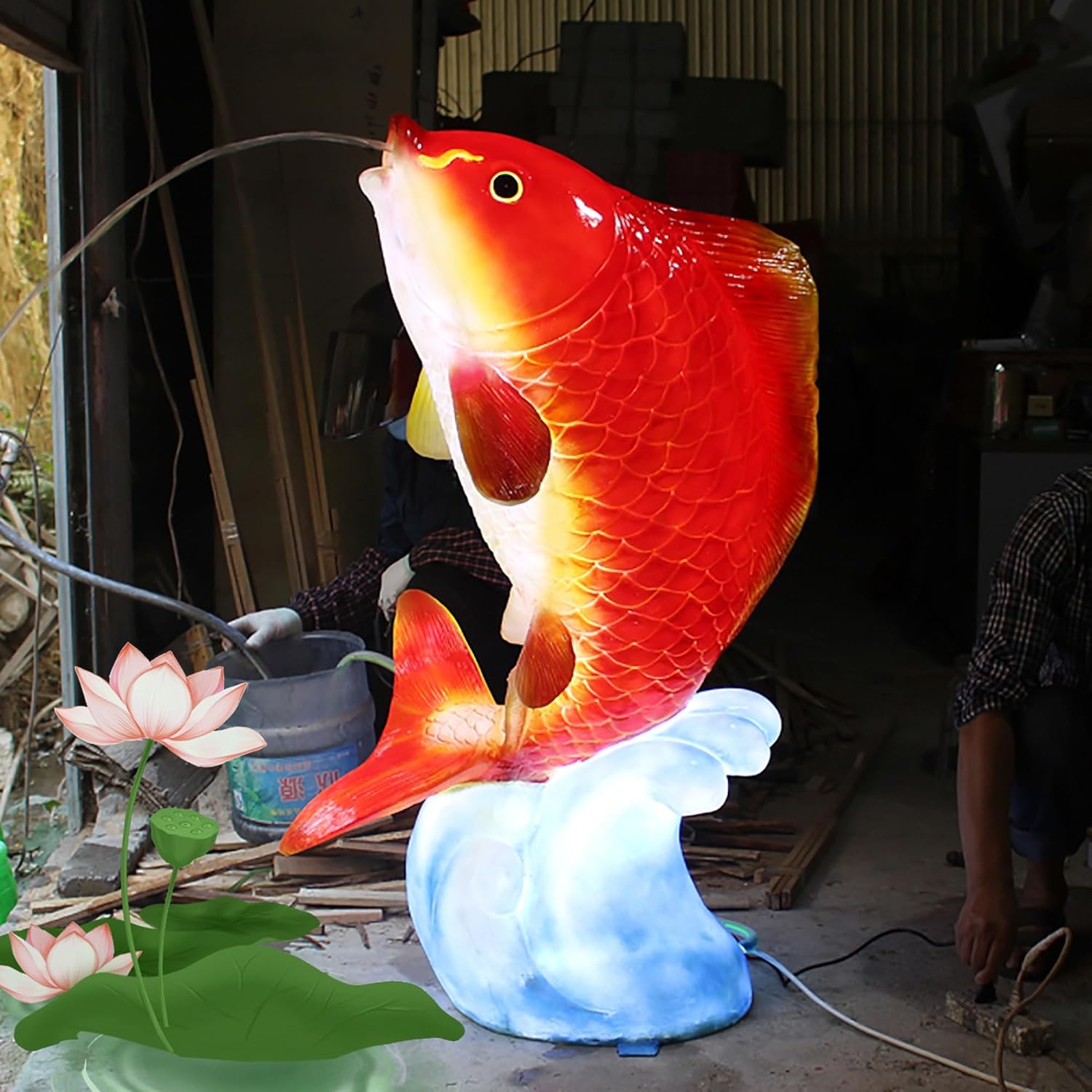 Koi pond spitter Glow at night, above ground pool spitters with With light strip, Koi Fish fountain spitter, pool fountain spitter, Garden Decor Painted Koi sculpture, for Water Gardens(27*16*40cm)
