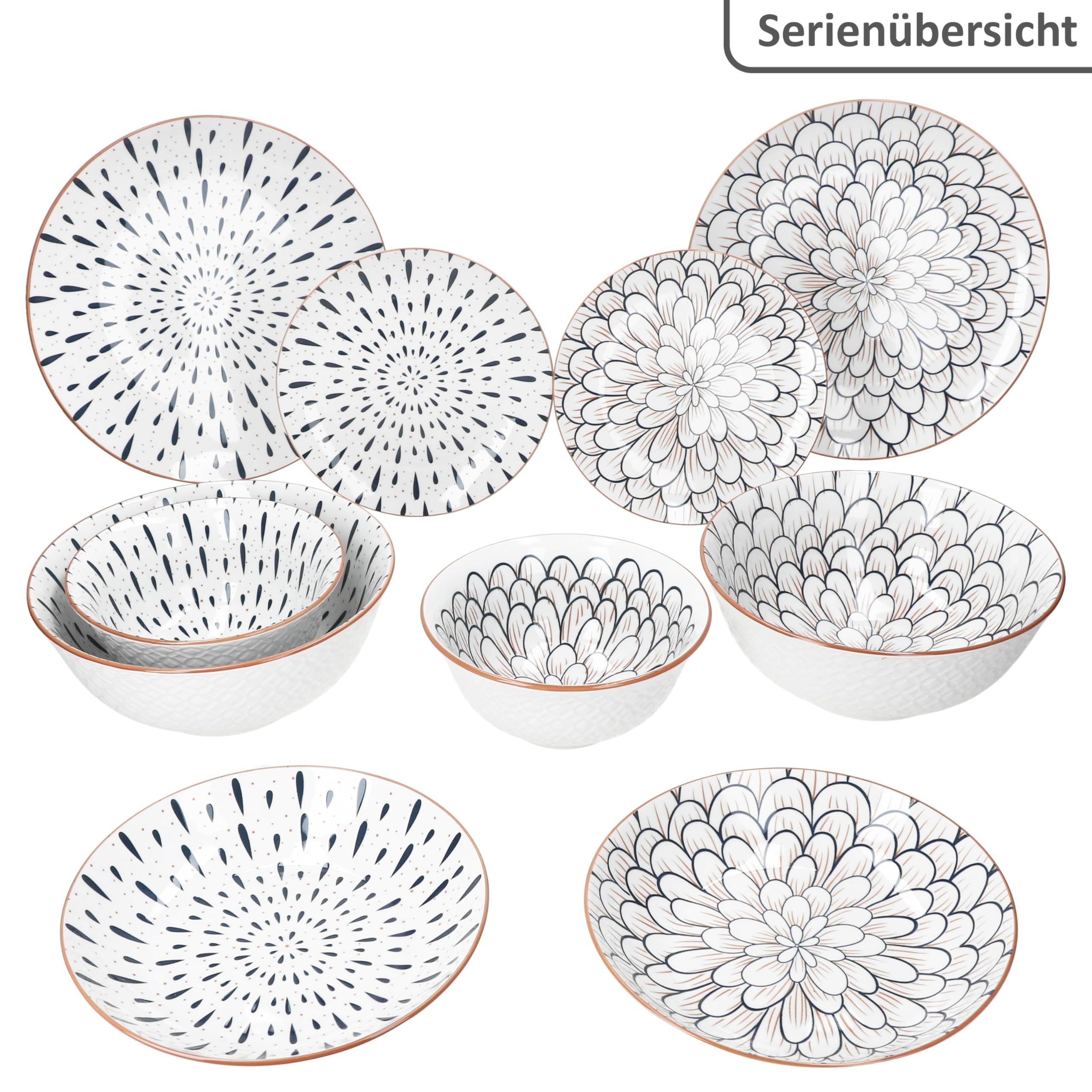 MamboCat Totto Lot de 6 assiettes creuses - Diamètre : 20 cm - En grès - Avec motif fleurs et feuilles - Bleu foncé, blanc et bord marron - Assiettes creuses pour soupe, pâtes et bols