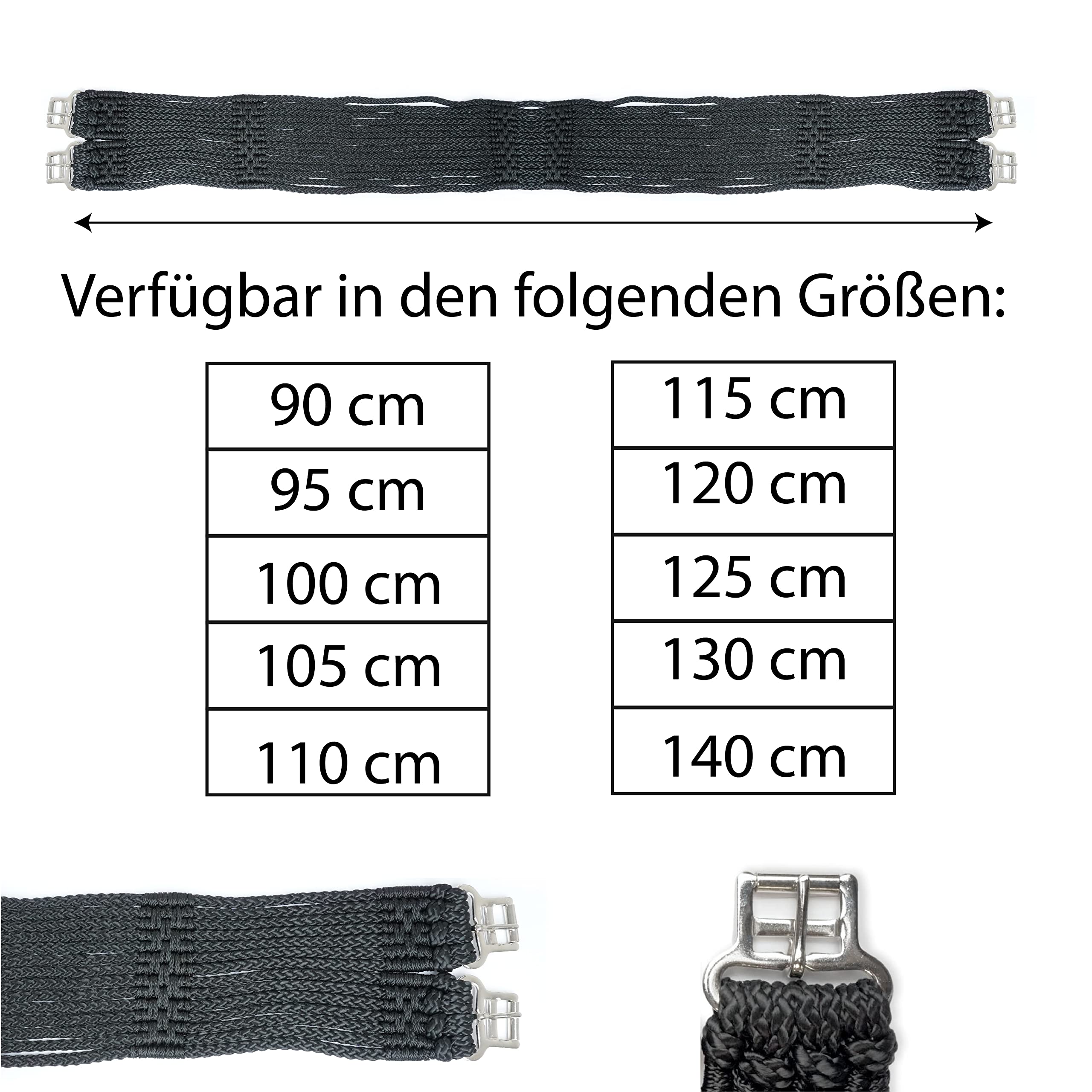 Schnurengurt Pferd, Schnuren Sattelgurt Größe 90cm - 140cm, Sattelgurt für optimale Druckverteiling & Bewegungsfreiheit (90cm, Schwarz)