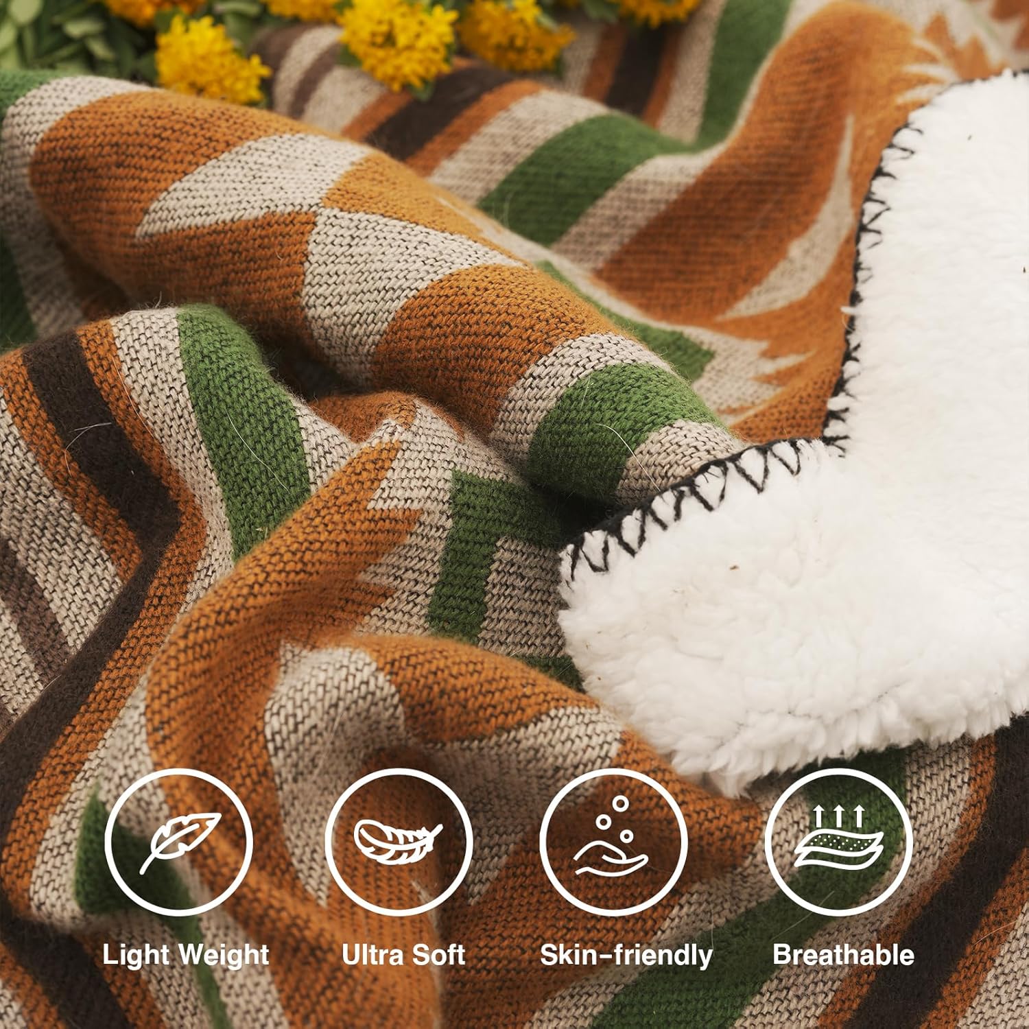 Aztec Throw Blanket with Soft Sherpa Lining, Traditional Southwestern Navajo Tribal Style Warm Throw for Camping, Outdoor, Cozy Boho Blanket for Couch, Sofa, Bed, 50"x60", Yellow - Image 3