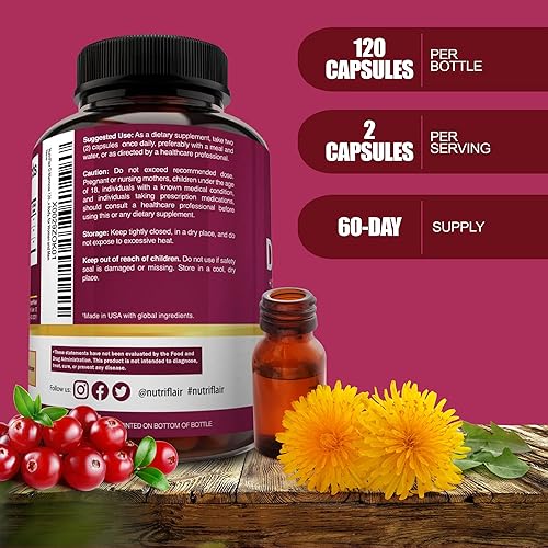 Miniatura 4 de NutriFlair D-manosa de 1200 mg, 120 cápsulas - con extracto de arándano y diente de león - Apoyo natural para la salud del tracto urinario urinario