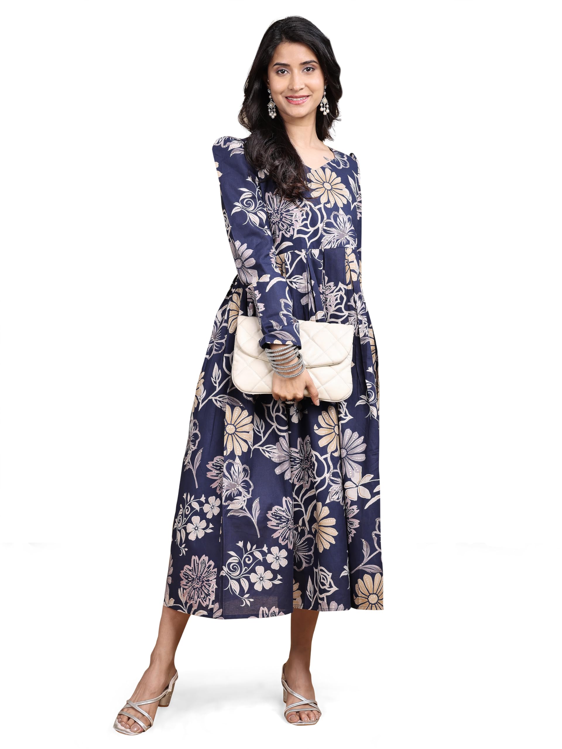Casual Floral Print Women Top Navy Blue Midi Dress with Elegant Sweetheart Neckline-image-43