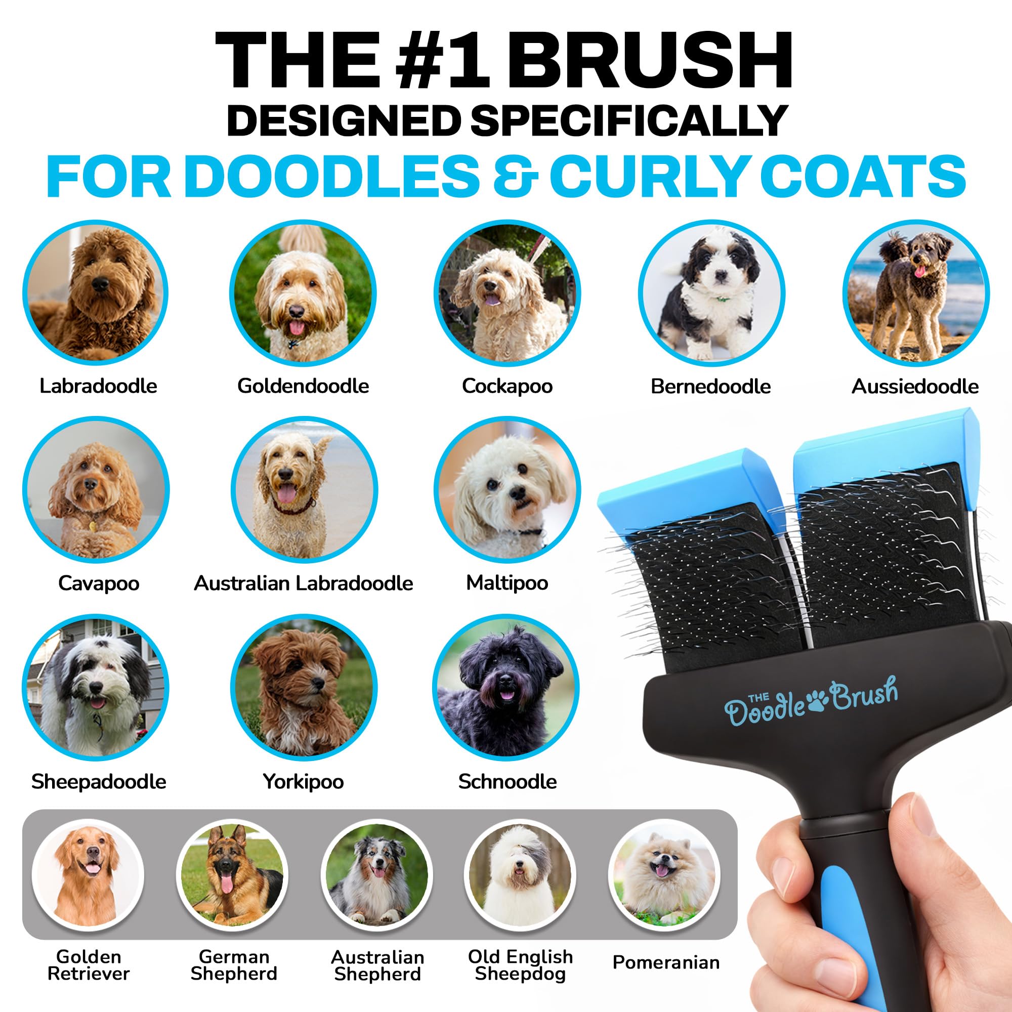 The Doodle Brush Brosse Lissante Double Tête pour Chiens Slicker | Démêle les Nœuds, Longues Épingles, Tête Flexible, Manche Ergonomique, Pour Doodles, Toilettage Quotidien
