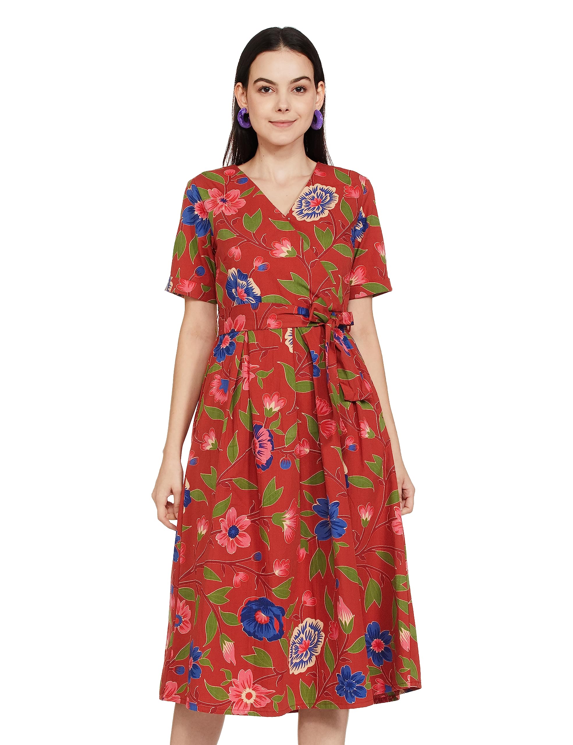 Amazon Brand - Eden & Ivy Women's Cotton One Piece Midi Length Wrap Dress (with Self Fabric Belt)