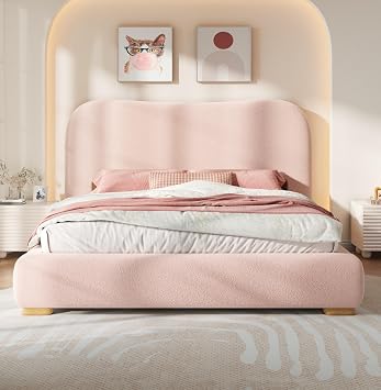 Jocisland Queen Cloud Bed Frame with Curved Upholstered Headboard,Pink | 7.1 Inch Thick Headboard, Chenille Fabric,Solid Wood Legs,Rounded Footboard and Sideboard,Kid and Pet Friendly
