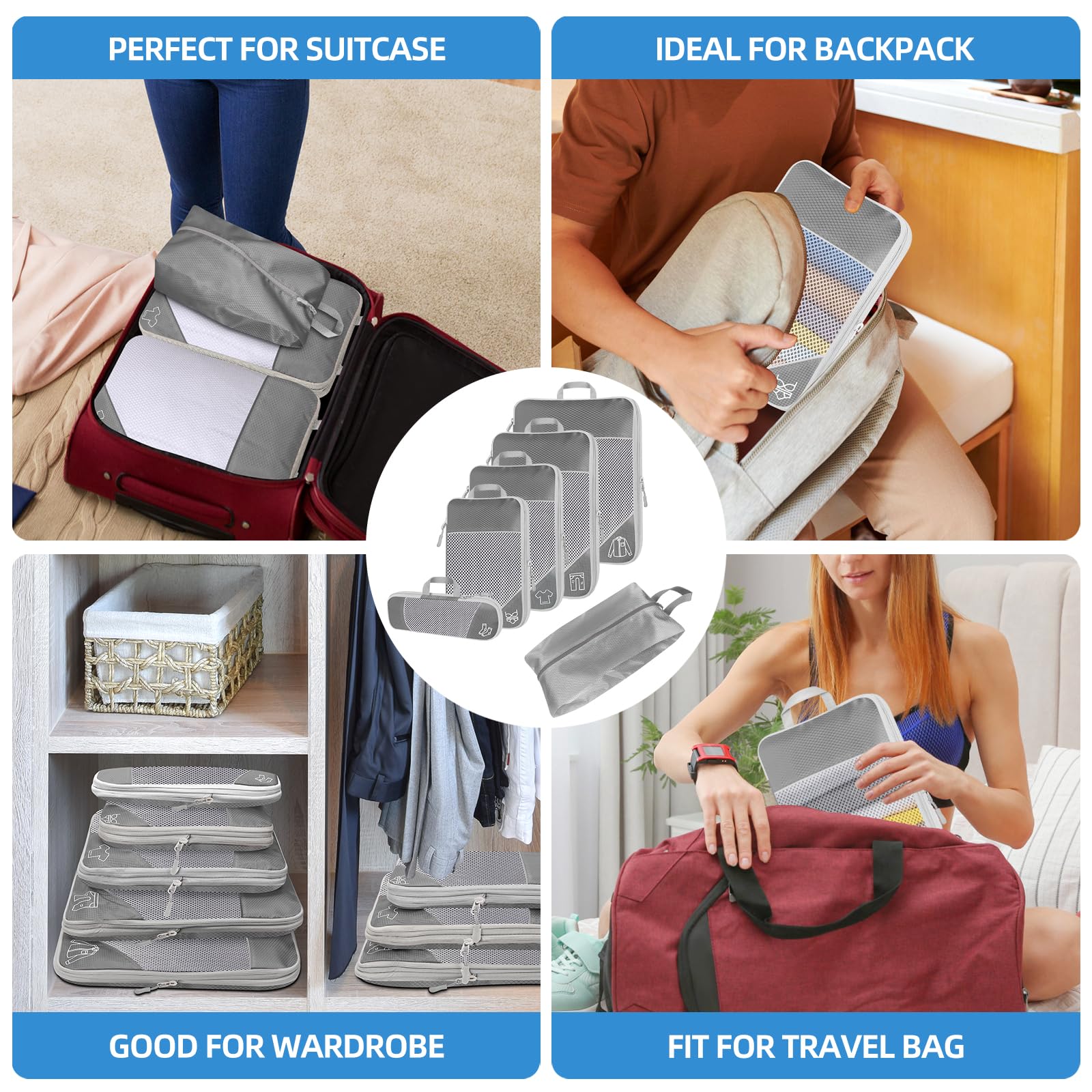 Cubi da viaggio, impermeabili, organizer per valigie, set da 6 pezzi, espandibili, per oggetti essenziali da viaggio e per la casa (confezione da 6)