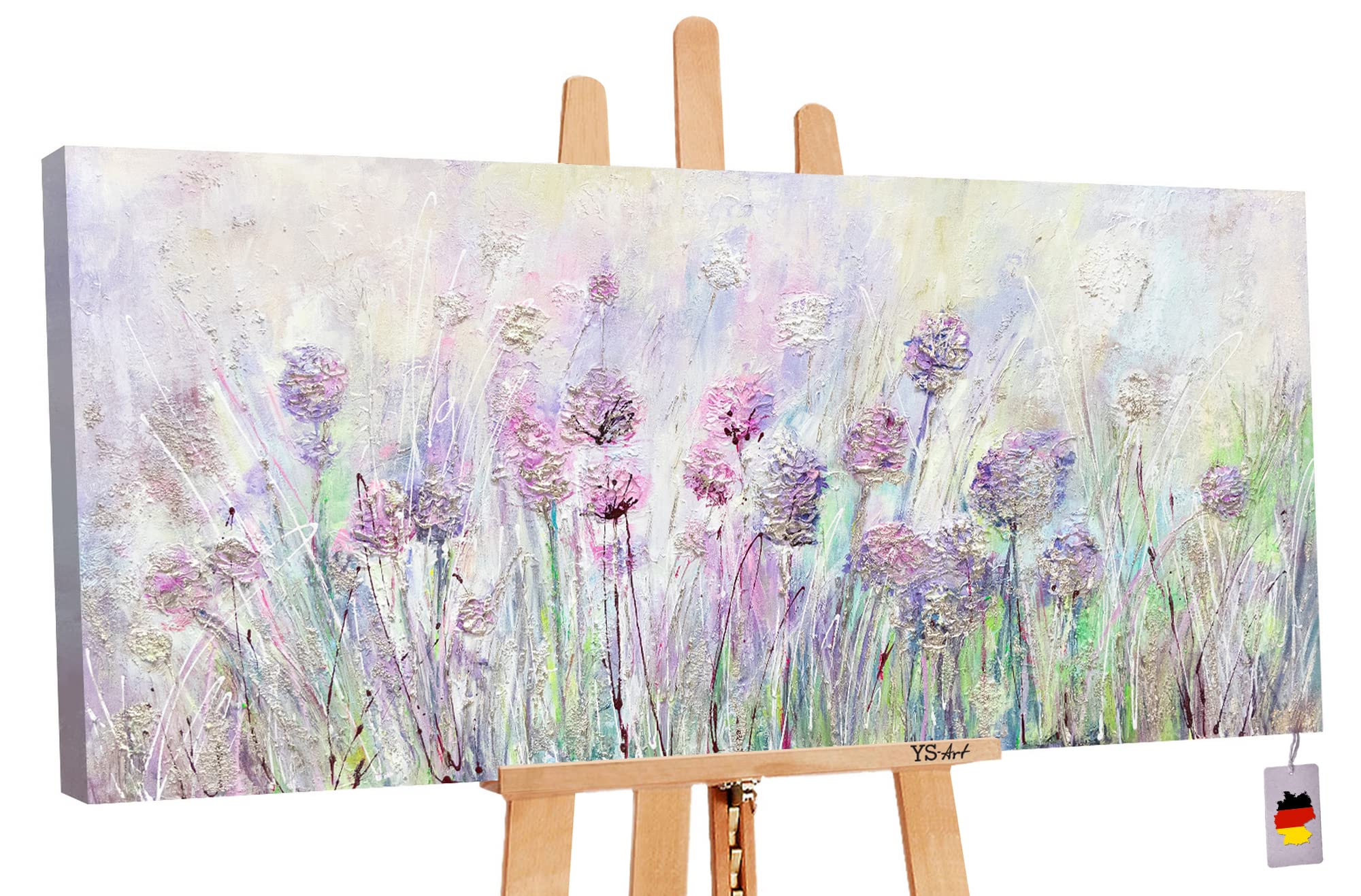YS-Art Floral acrylic painting on canvas Flowers in The meadow Hand-painted artwork Summer landscape motive in green lilac color art 55x28 inch