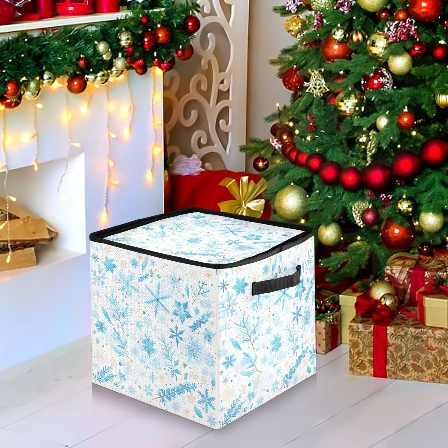 High Capacity Christmas ornament storage containers Holds Up to 64, Zippered Top handy Holiday Storage Case with Lid,Cartoon Snowflake Blue