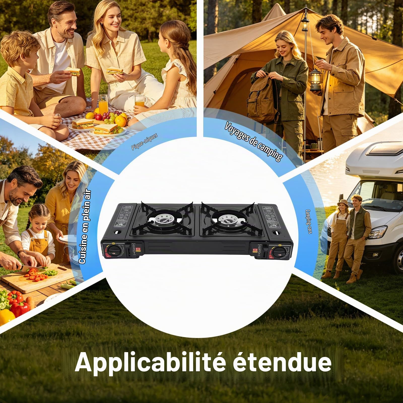 Réchaud à gaz 2 flammes, réchaud de camping avec sac de transport, réchaud à gaz portable, valve de protection contre la surpression intégrée, 2500 W par brûleur, pour caravane, camping-car