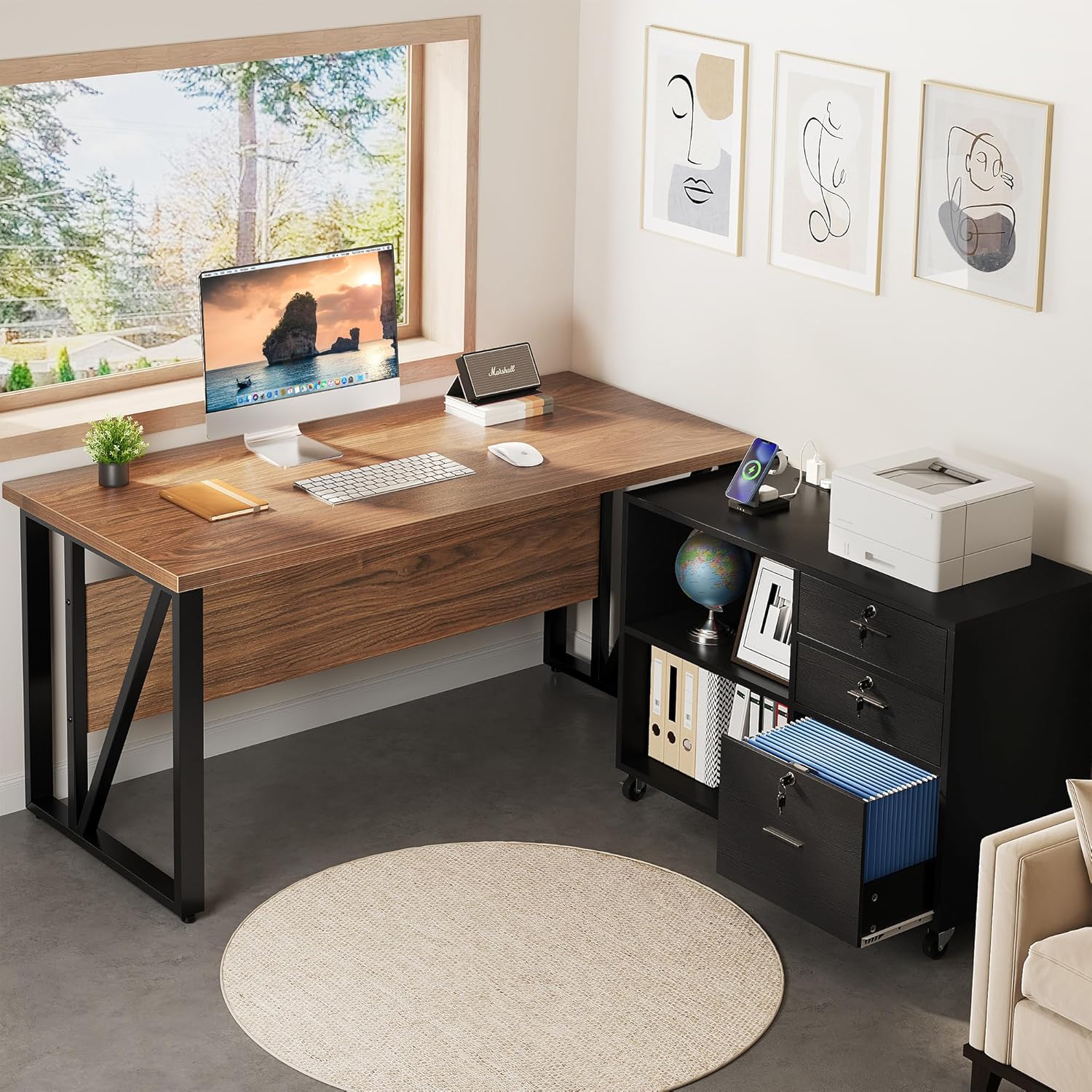 YITAHOME 55" Executive Desk and Lateral File 3 Drawers File with