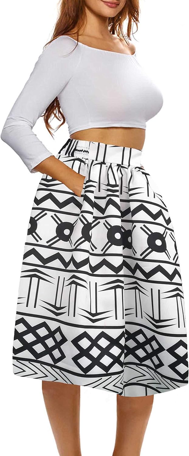 Afibi Womens African Print Skirt Boho Flare Pleated Midi Skirt with Pockets - Image 2