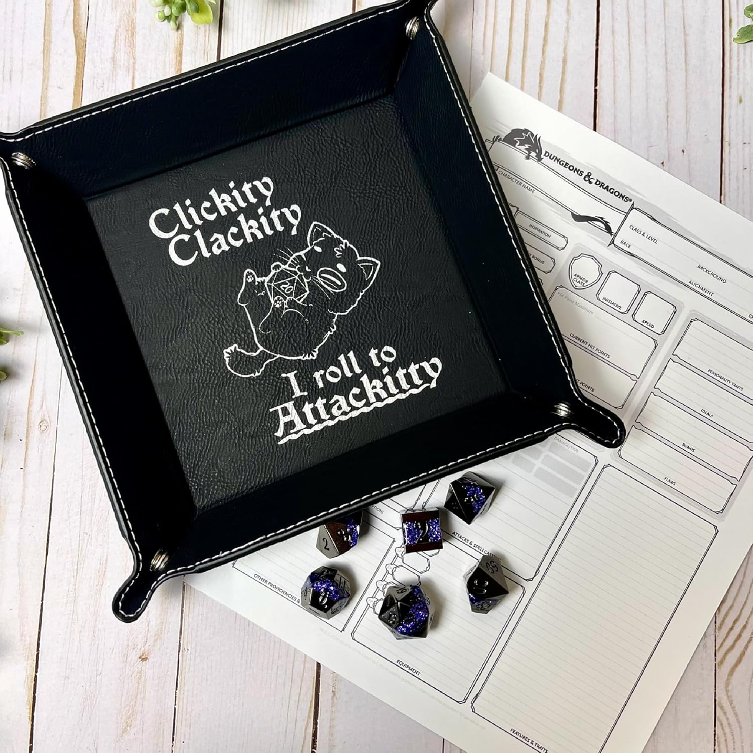 Clickity Clackity Attackitty Cat Dice Tray DnD, Vegan Leather, Gift, Made by LaserTavern (Black/Silver)