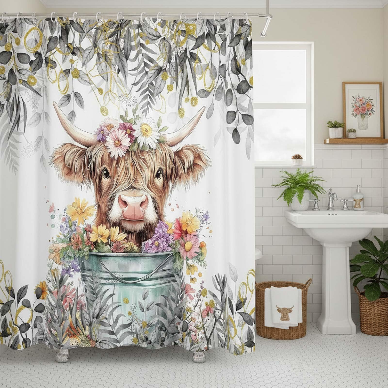 Gray Grey Eucalyptus Highland Cow Shower Curtain, Watercolor Plant Leaves with Floral Farmhouse Bath Curtain, Funny Animals Bathroom Accessories Botanical for Bathroom Curtain Set with Hooks, 72X72in — image 1