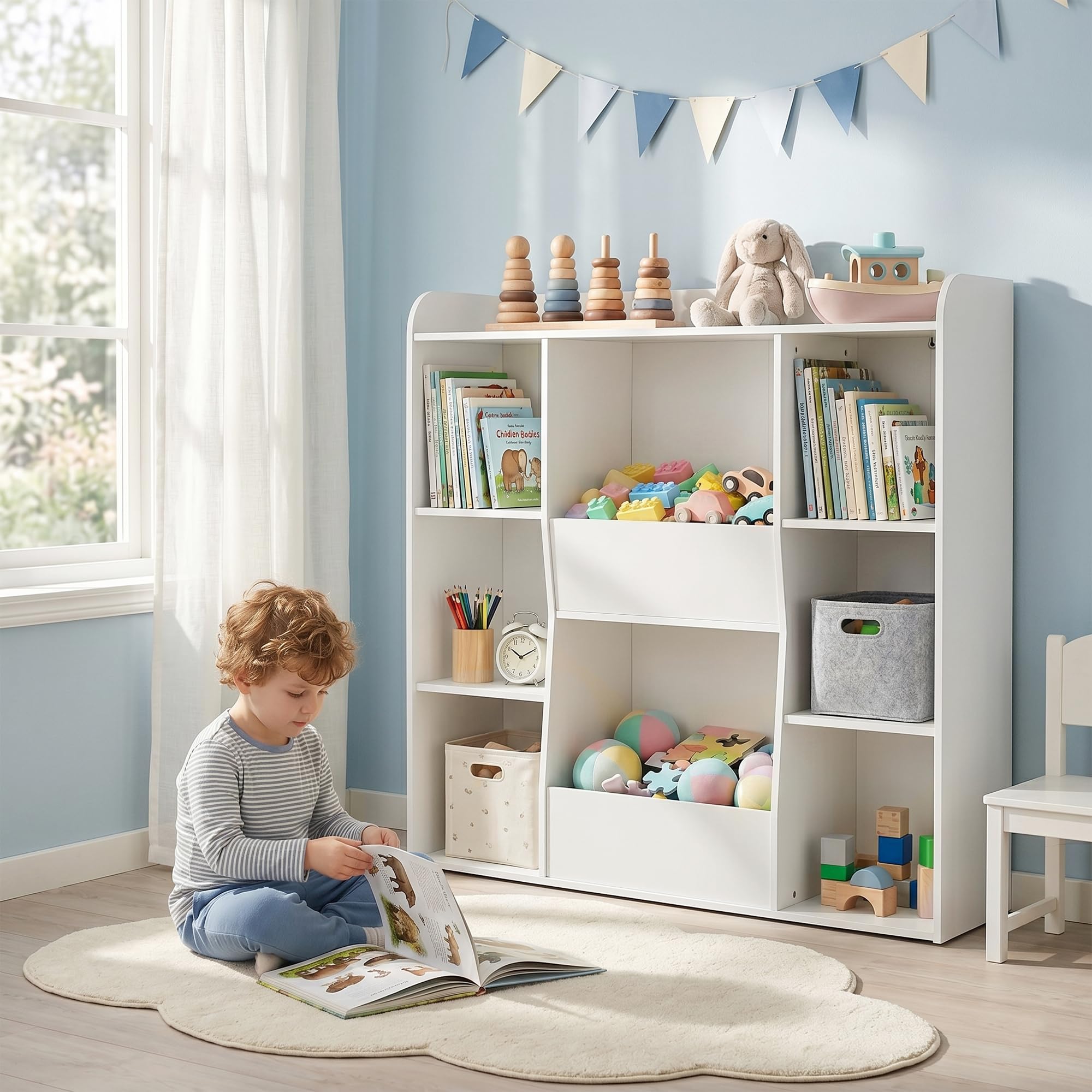 AIYAPLAY Meuble Rangement Enfant, bibliothèque Enfants avec 8 Compartiments et étagère supérieure, Anti-basculement, Rangement Jouets pour Chambre d'enfants, Salle de Jeu, crèche, Blanc