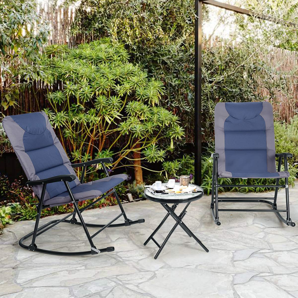 GYMAX Set 2 Sedie e Tavolino da Balcone, 2 Sedie a Dondolo, Sedile in Cotone Morbido e Tessuto, Schienale Ergonomico, Design Pieghevole, Ideale per Interno ed Esterno (Stile 1)