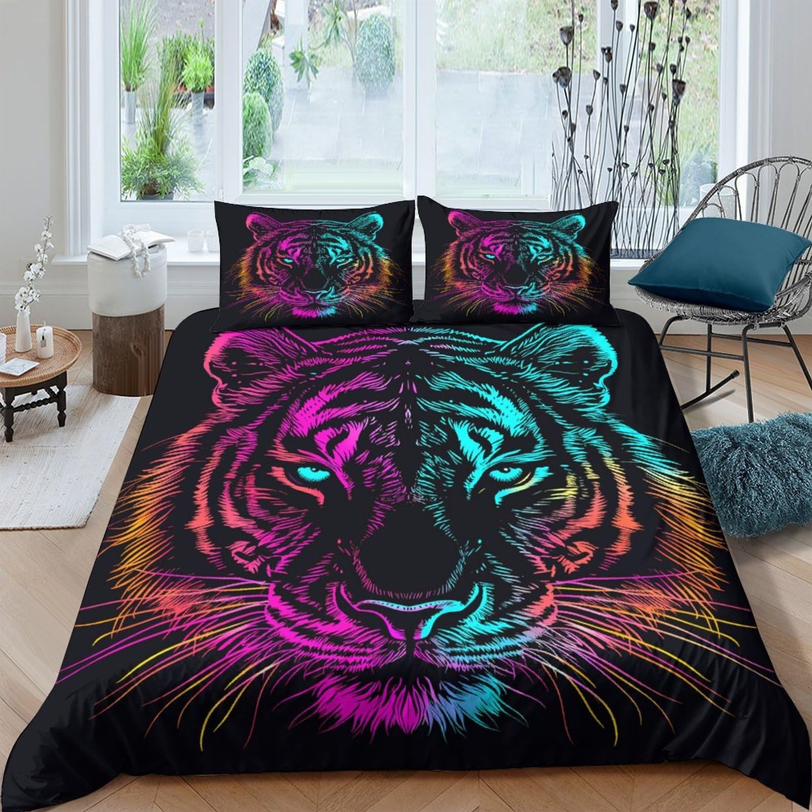 3D Printed tiger face art Duvet Cover Microfiber neon glowing style Bed Cover Hypoallergenic Wrinkle Resistant Fade Resistant Easy Care Machine Washable for Home Use King（220x240cm）