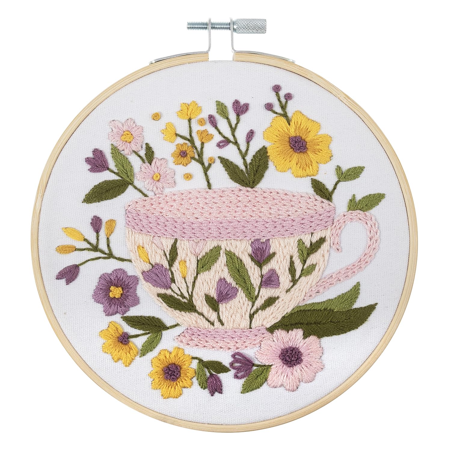 Trimits Embroidery Kit with Hoop - Tea Cup Design on Pre-Printed Cotton Fabric (25 x 25cm) with Felt Backing, Thread, Needle and Instructions - Uses a Mixture of Popular Embroidery Stitches.