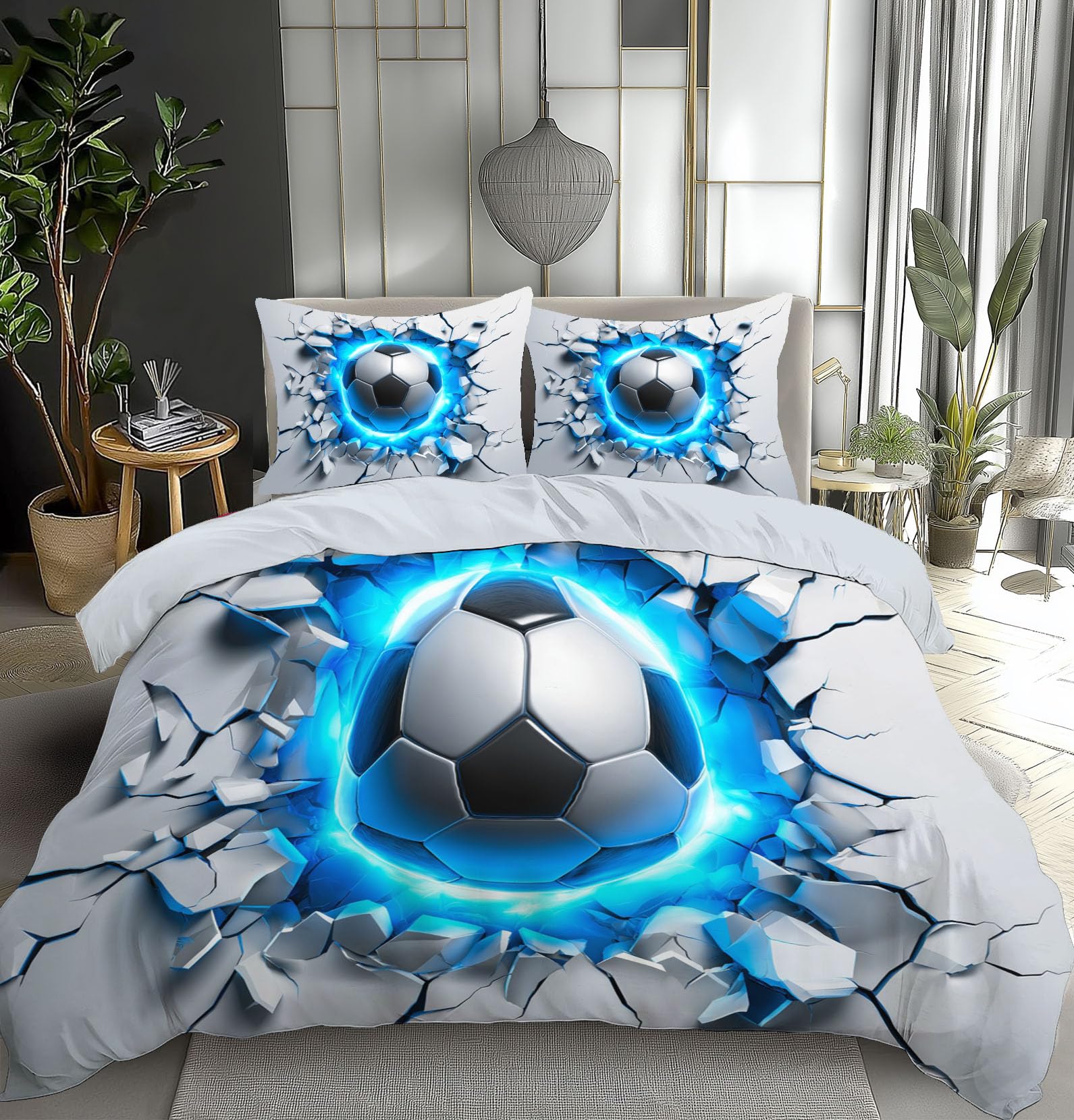 Juego de Funda Nórdica 3 Piezas Cama 80/90, Moderno Microfibra Extra Suave Transpirable, Rompiendo El Muro Fútbol 1 Funda Edredón 135x200cm y 2 Fundas Almohada 50x75 cm, Blanquecino