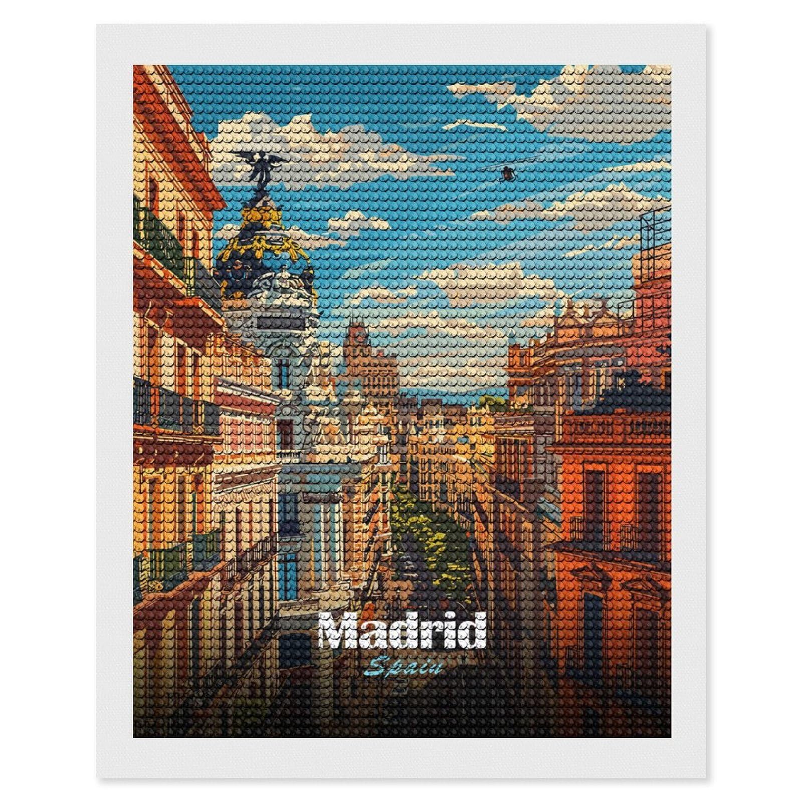 Junmoney Madrid Cityscape Diamond Painting Kit 16"x20", Adhesive Canvas, Home Wall Decor, for Beginners, Birthday Gift, Full Kit Included