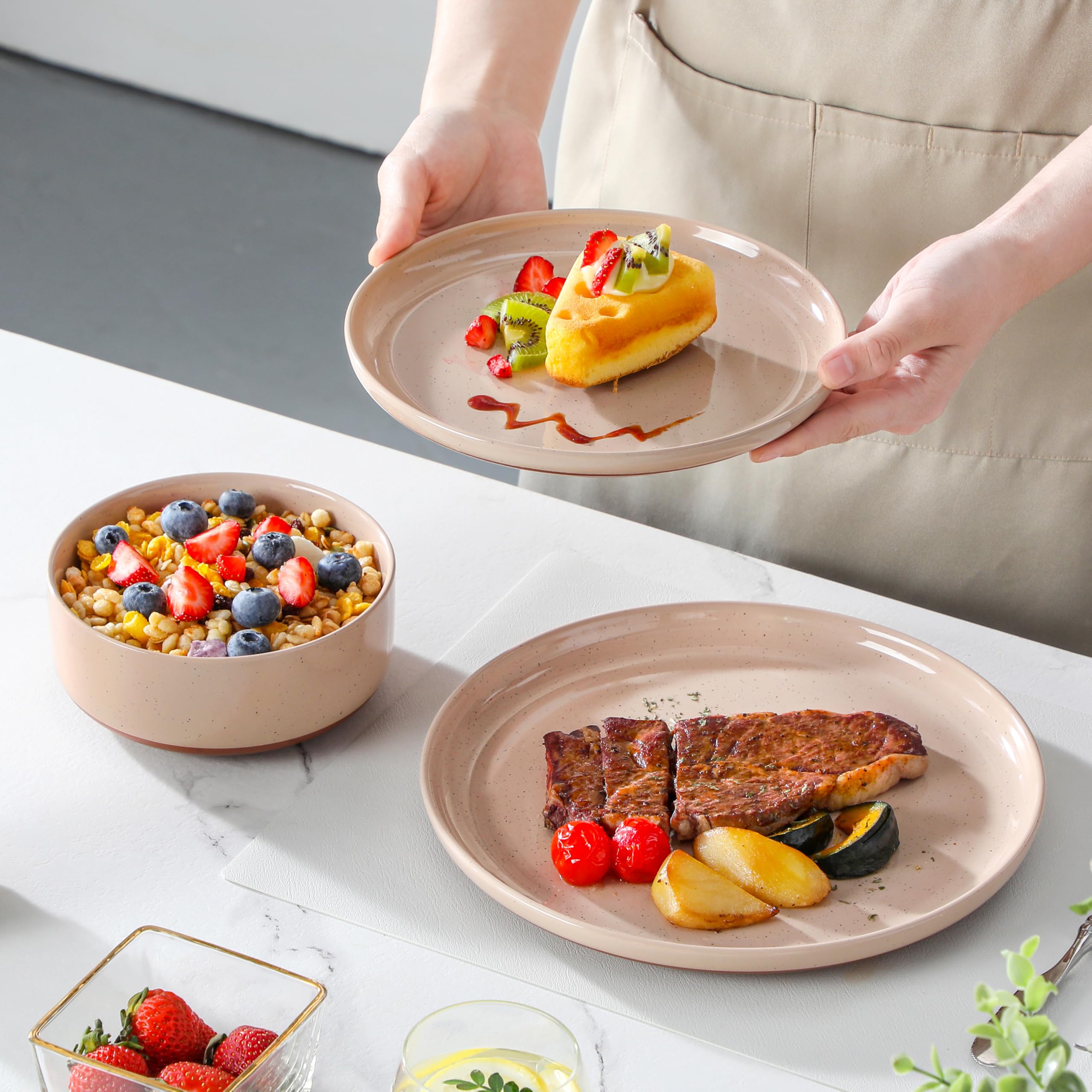 MALACASA Juego de platos y cuencos, juego de vajilla moderna de cerámica de 12 piezas para 4 platos de cocina, juego de vajilla de cerámica, apto para microondas y lavavajillas, rosa, serie TARA