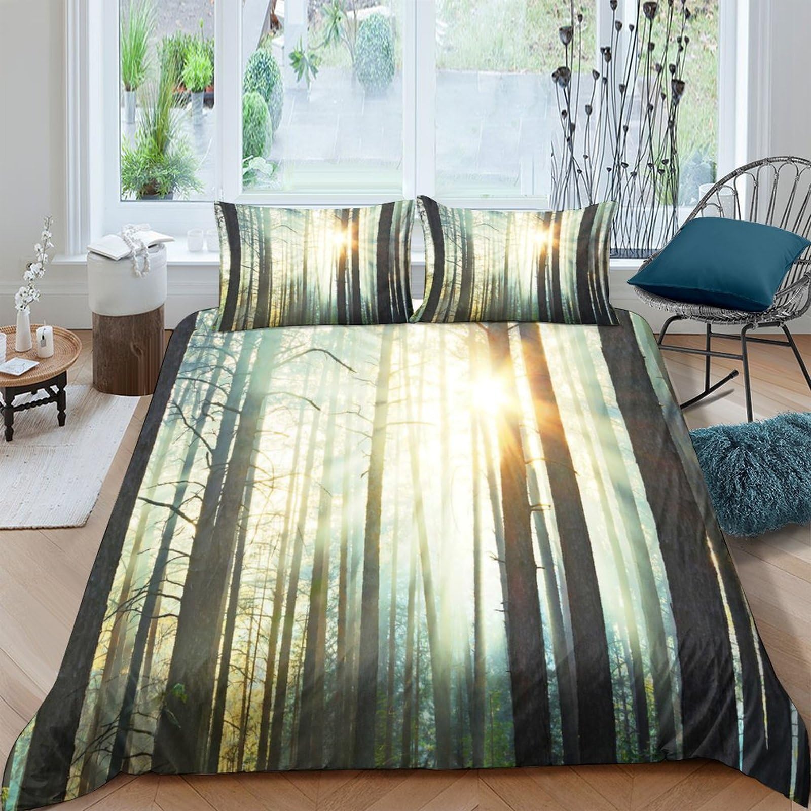TUFRTGYHN 3D Printed Forest Sunrise Duvet Cover Microfiber Soft Breathable Woodland Bedding Set with 2 Pillowcases for Bedroom Decor Single（135x200cm）