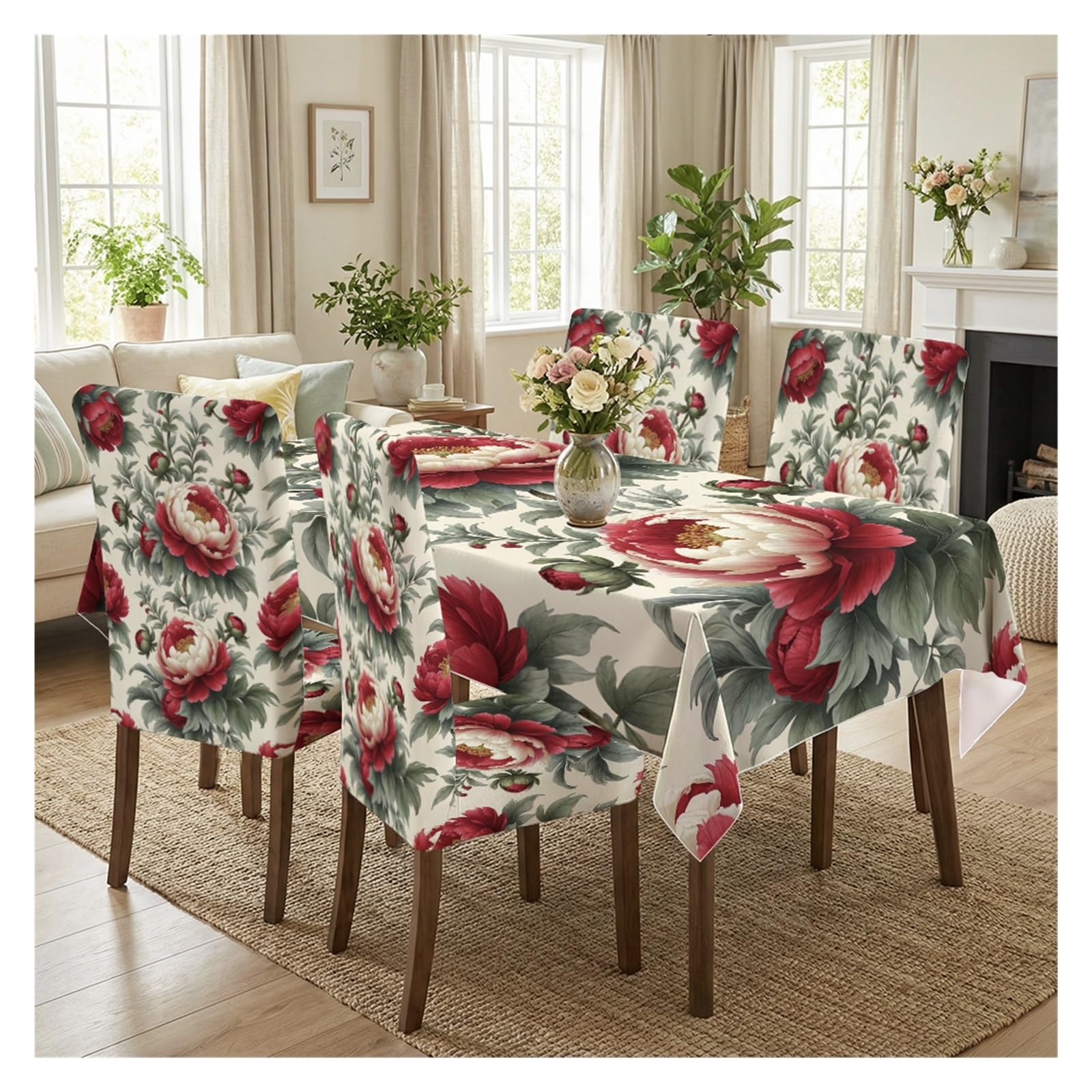 KXUAUV Vintage Red Peony Floral Tablecloth And Chair Covers Set, Stretch Slipcovers For Elegant Cottage Dining Room Decor, 5/7 Pack Party Decor(5pcs Set: Tablecloth+Chair Covers)