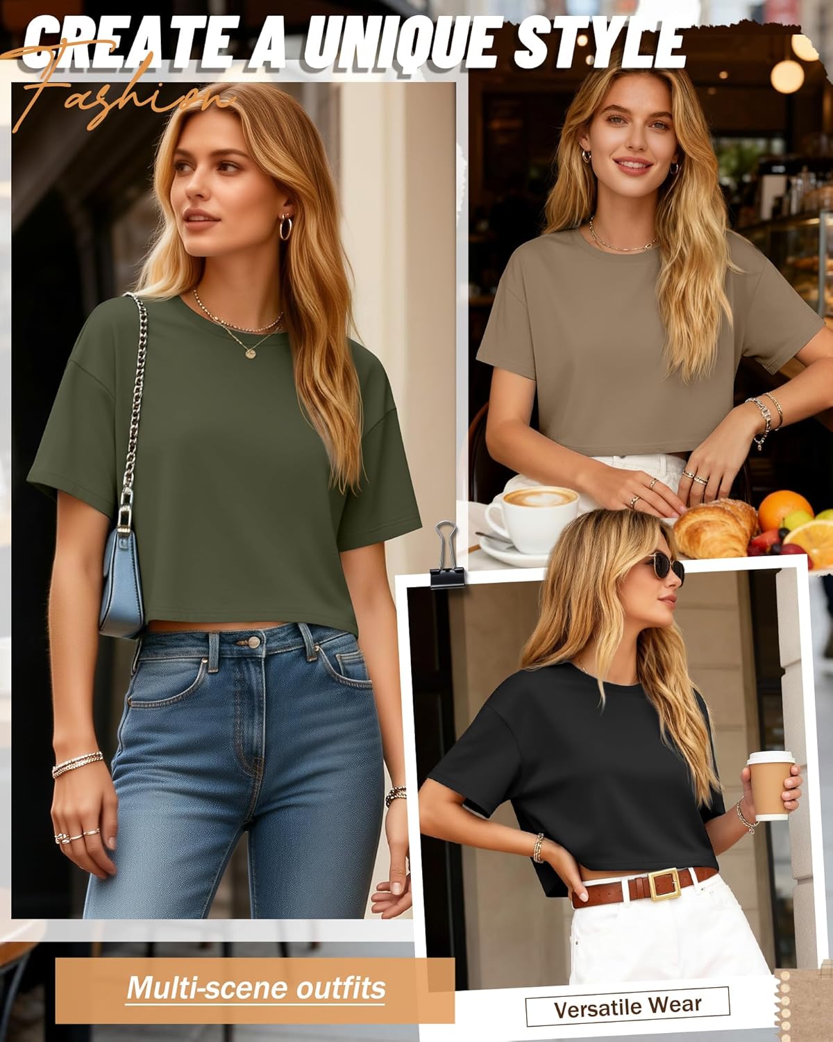 Ficerd 3 Pack Women Crop Tops Half Sleeve Cropped T Shirts Casual Crew Neck Drop Shoulder Loose Summer Solid Color - Image 3