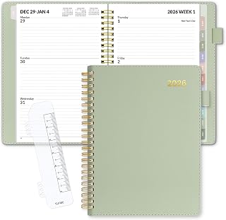 SUNEE 2026 Sage Green Weekly Monthly Planner - Vegan Leather Cover, 6.4x8.5, Tabs, Pocket, Bookmark, Jan-Dec 2026