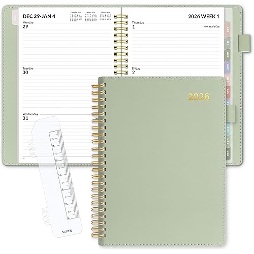 SUNEE 2026 Weekly & Monthly Planner 6.4"x8.5"- 12 Month (January 2026 - December 2026), Vegan Leather Cover, Pocket, Bookmark, Notes, Monthly Tab, Sage Green