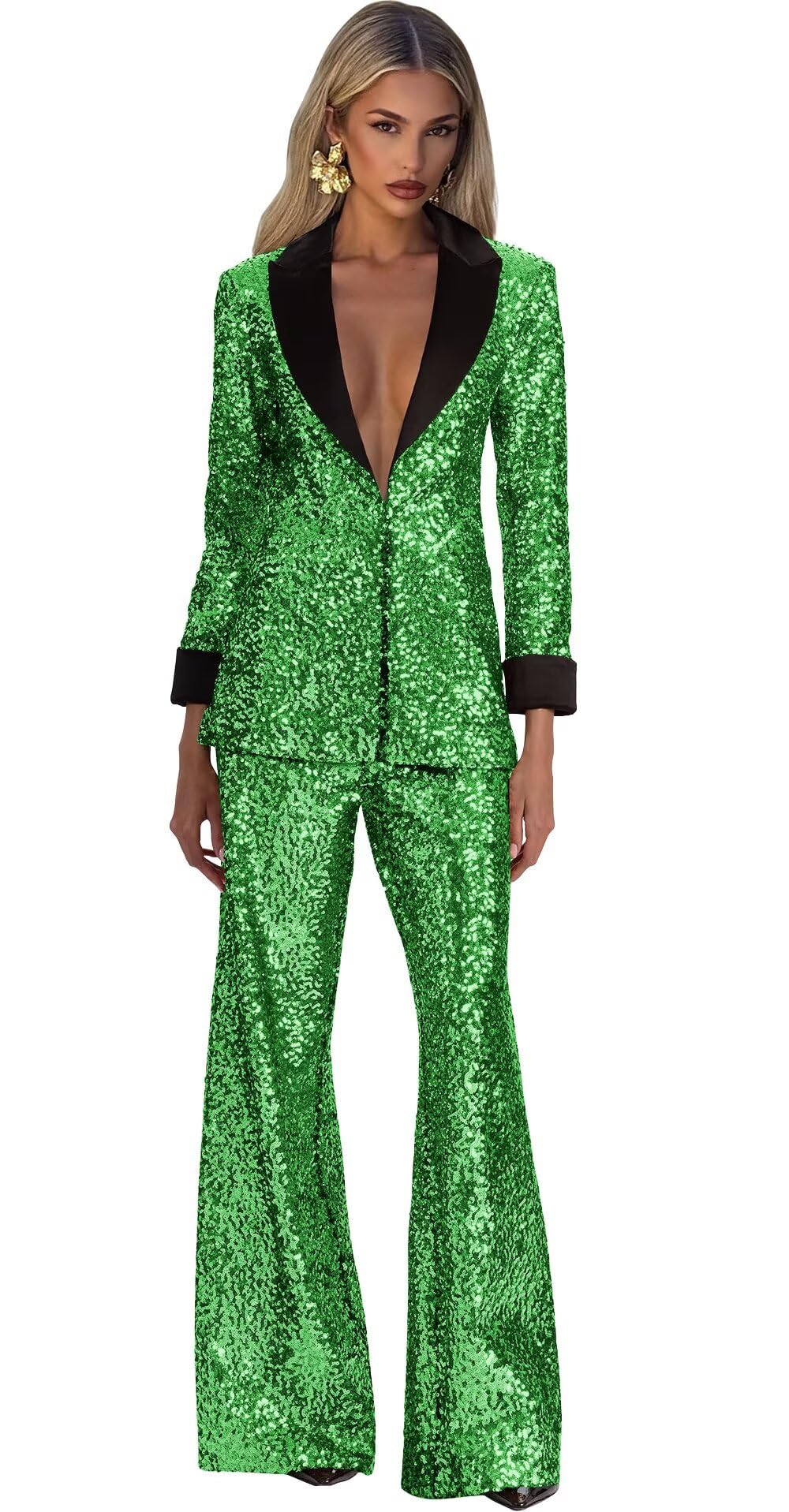 Hunter Green Suits for Women Plus Size Sequin Blazer Pants Suit with Sleeves V Neck 2 Piece Pants