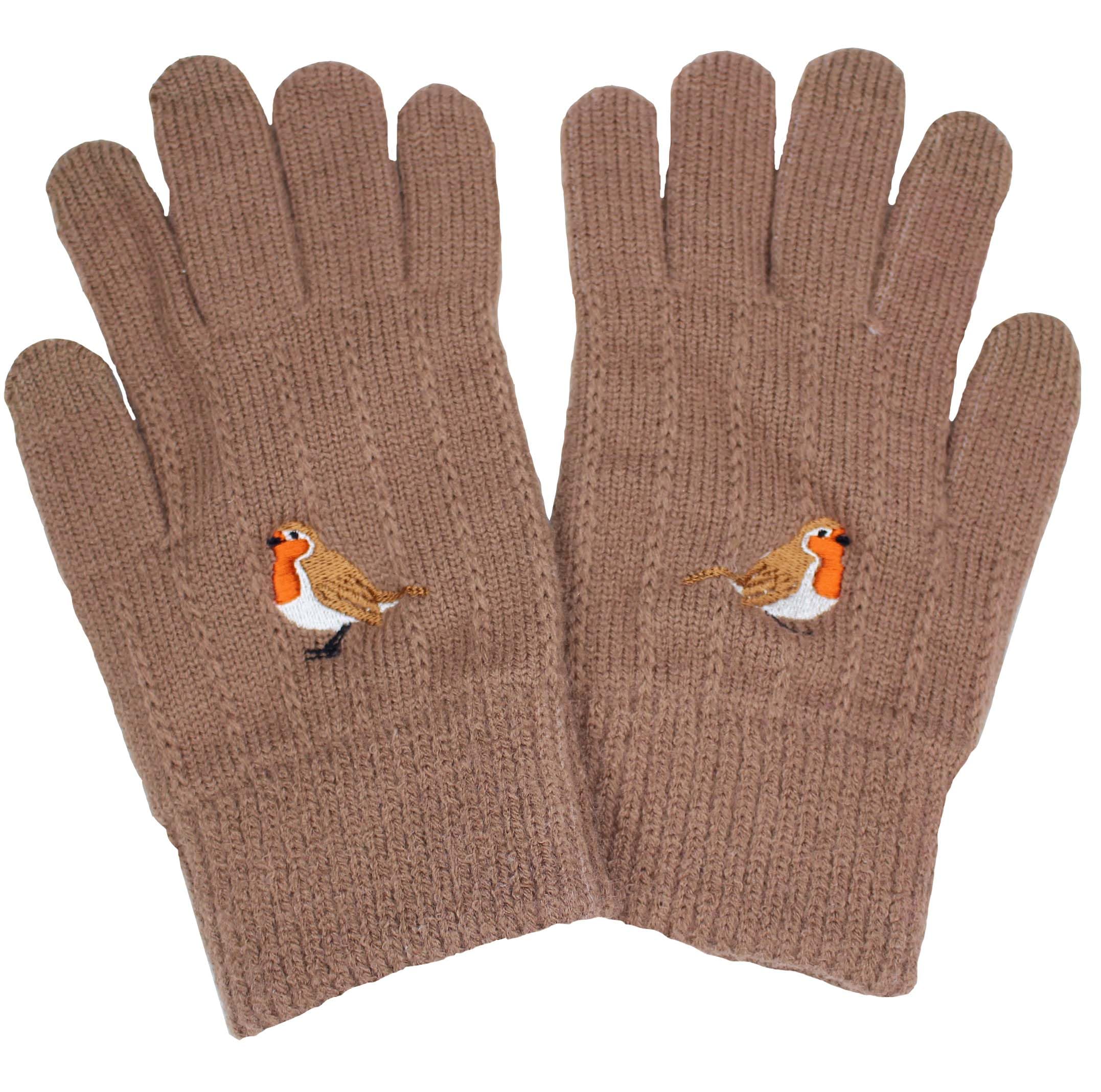 TeddyT's Ladies Robin Embroidered Caramel Knitted Gloves