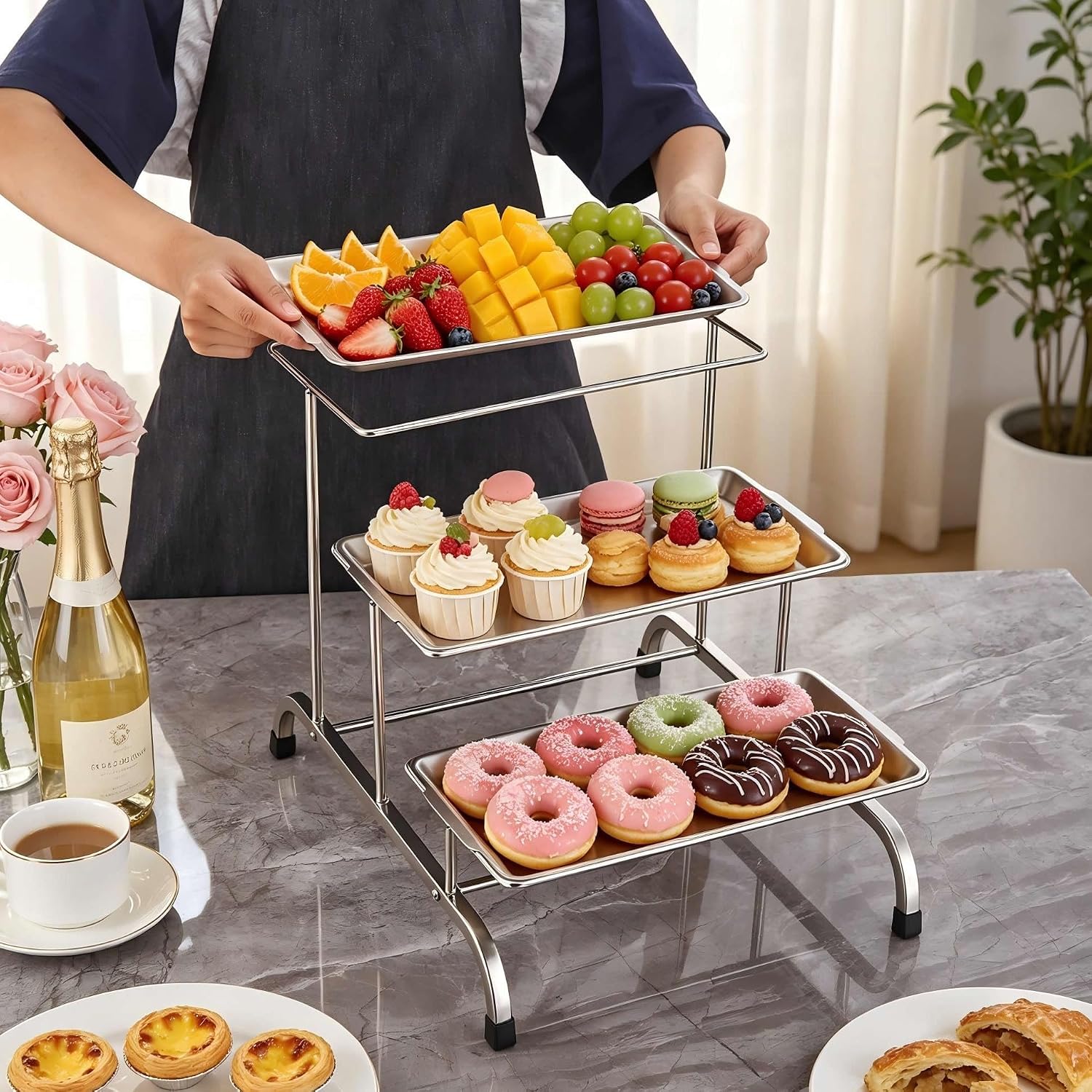 SANQIAHOME 3 Tier Serving Trays for Party, Stainless Steel Serving Platters and Trays, 12 Inch Tiered Tray Stand, Fruit Tray, Trays for Serving Food, Silver Dessert Stand with Sturdier Metal Rack