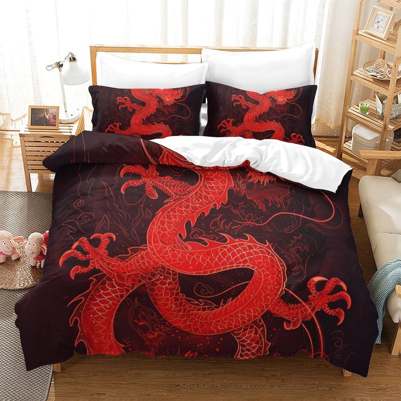 Parure de lit dragon microfibre douce et respirante avec housse de couette 260x220cm et taies