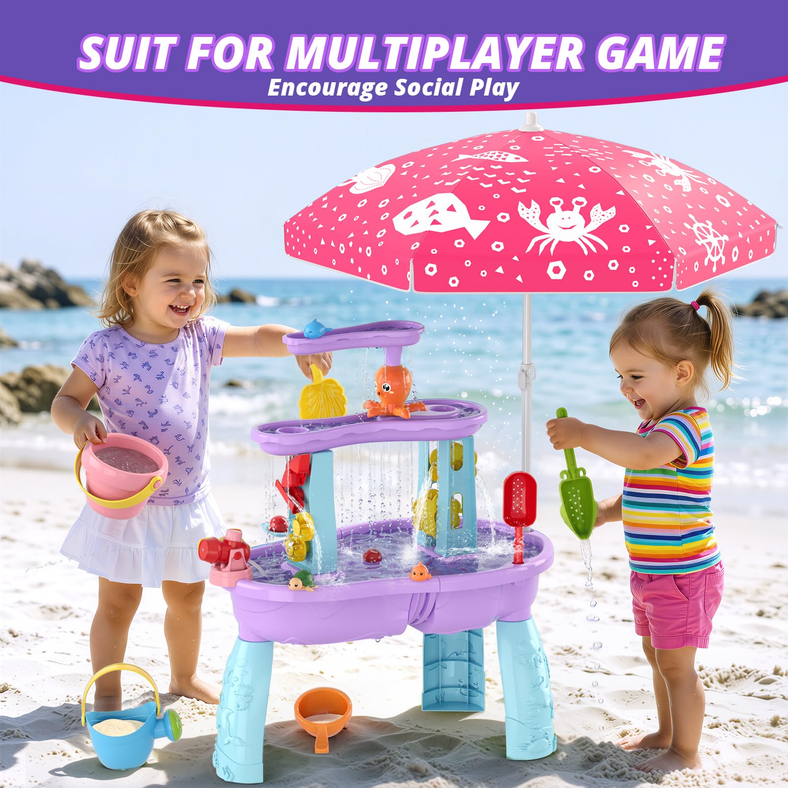 Wee Wonders 3-Tier Water Table for Toddlers, Kids Sand Water Table with Adjustable Umbrella, Sand Toys & Fishing Game, Sensory Table Activity Playset for Outdoor Beach, Summer Toys for Girls Boys 3-5 - 3