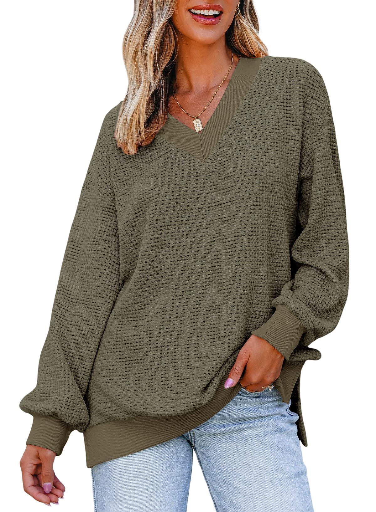 Dokotoo Womens V Neck Long Sleeve Waffle Knit Tops Off Shoulder Oversized Pullover Sweater
