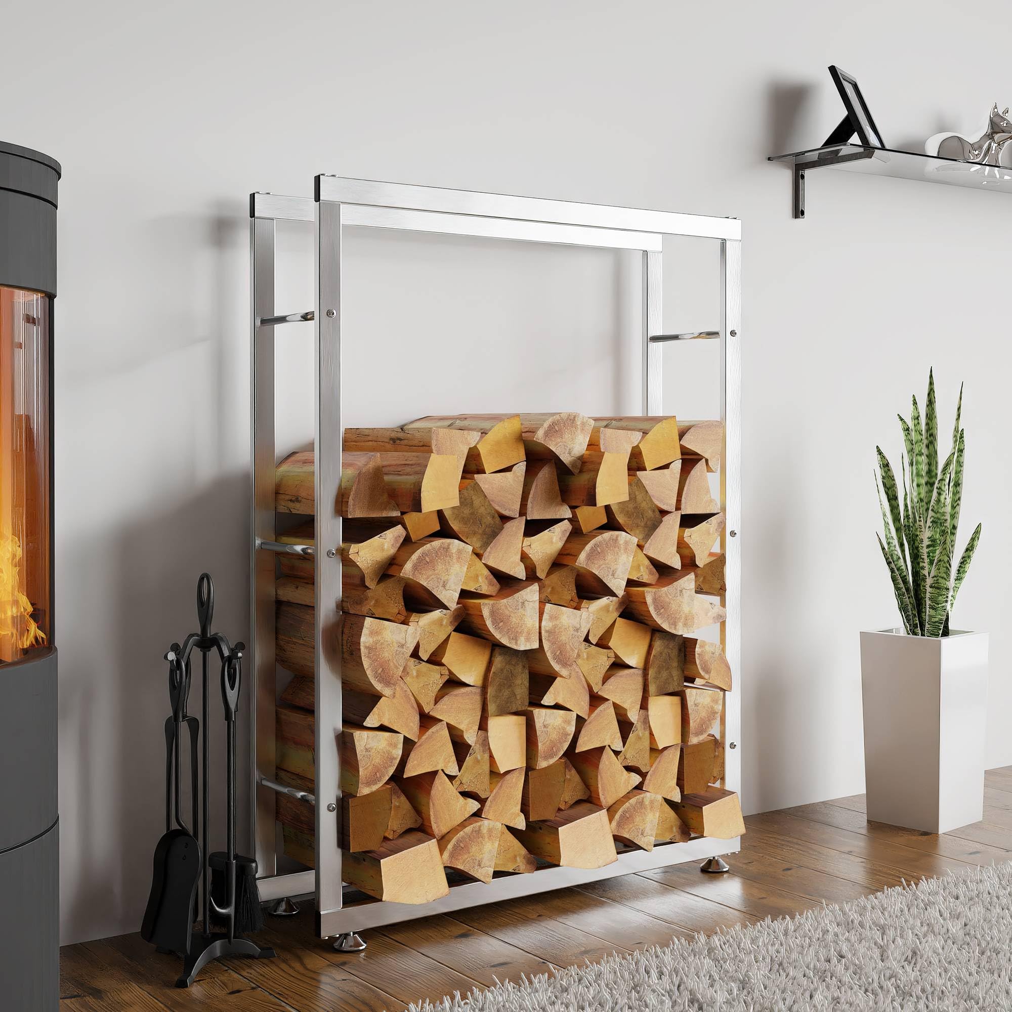 CLP Keri V2 Stojak na drewno kominkowe, ze stali nierdzewnej, regał na drewno opałowe z ochraniaczami podłogi, kolor: stal nierdzewna, wymiary: 25 x 100 x 125 cm