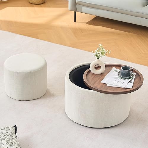 Miniatura 3 de Ball & Cast - Juego de 2 taburetes de almacenamiento anidables, taburetes de tela de lino con bandeja de madera, mesa de centro redonda de 22.75