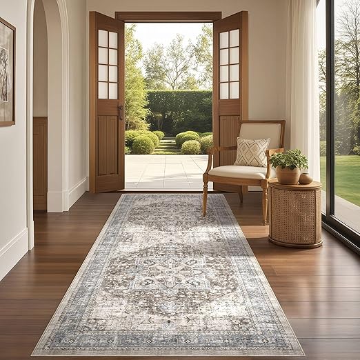 Tortania Area Rug 3x8 Runner Rugs - Washable Vintage Oriental Farmhouse Thin Indoor Carpet for Living Room Bedroom Hallway Entryway Kitchen Under Dining Table Home Office - Brown Blue