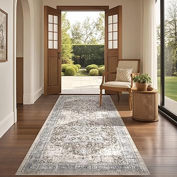 Tortania Area Rug 3x8 Runner Rugs - Washable Vintage Oriental Farmhouse Thin Indoor Carpet for Living Room Bedroom Hallway Entryway Kitchen Under Dining Table Home Office - Brown Blue