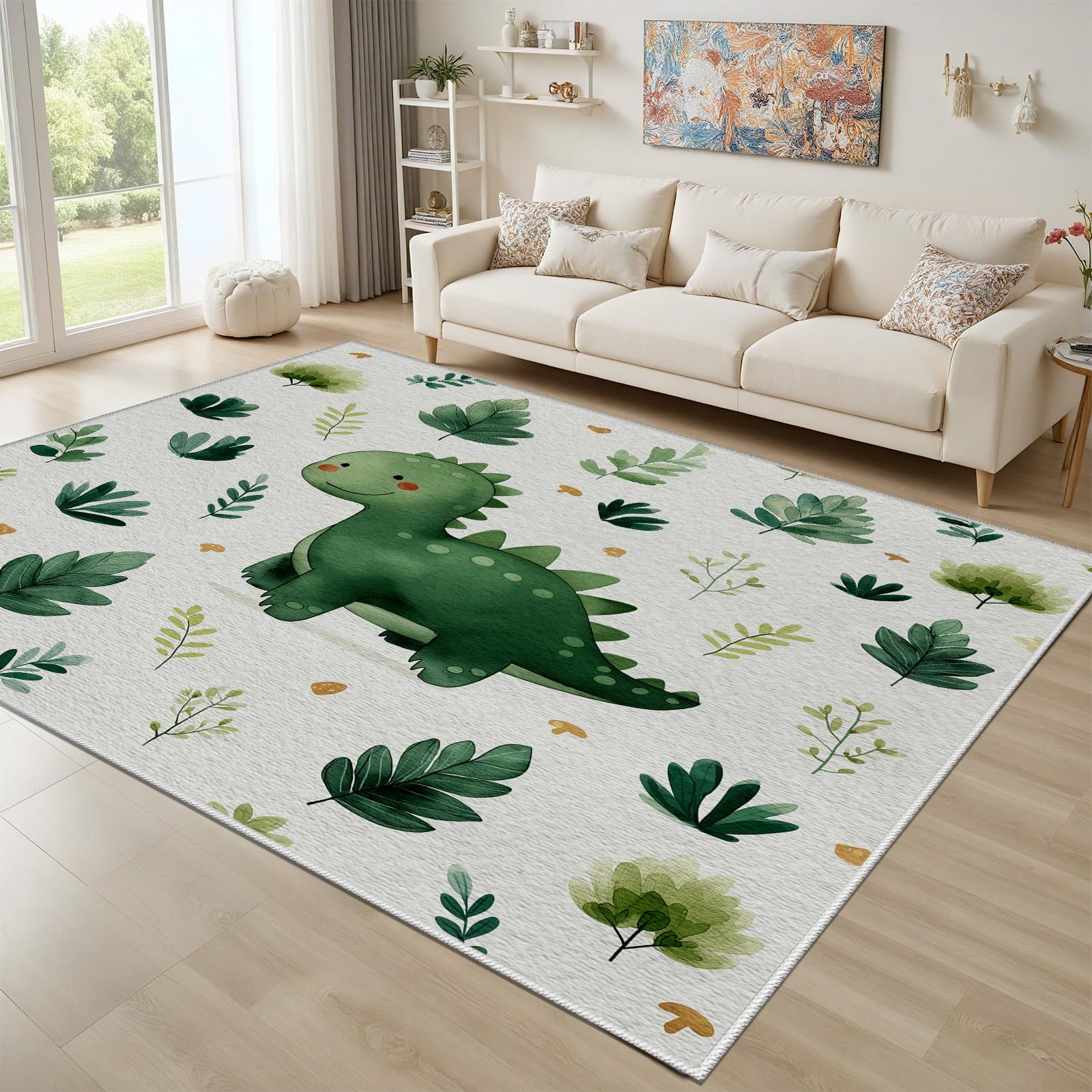 Cartoon Dino Teppich Wohnzimmer 80x150 cm, Grüner Dinosaurier Carpet Weich Kurzflor Waschbar, Jurassic Tierwelt Teppiche rutschfeste für Schlafzimmer, Esszimmer, Kinderzimmer, Küche