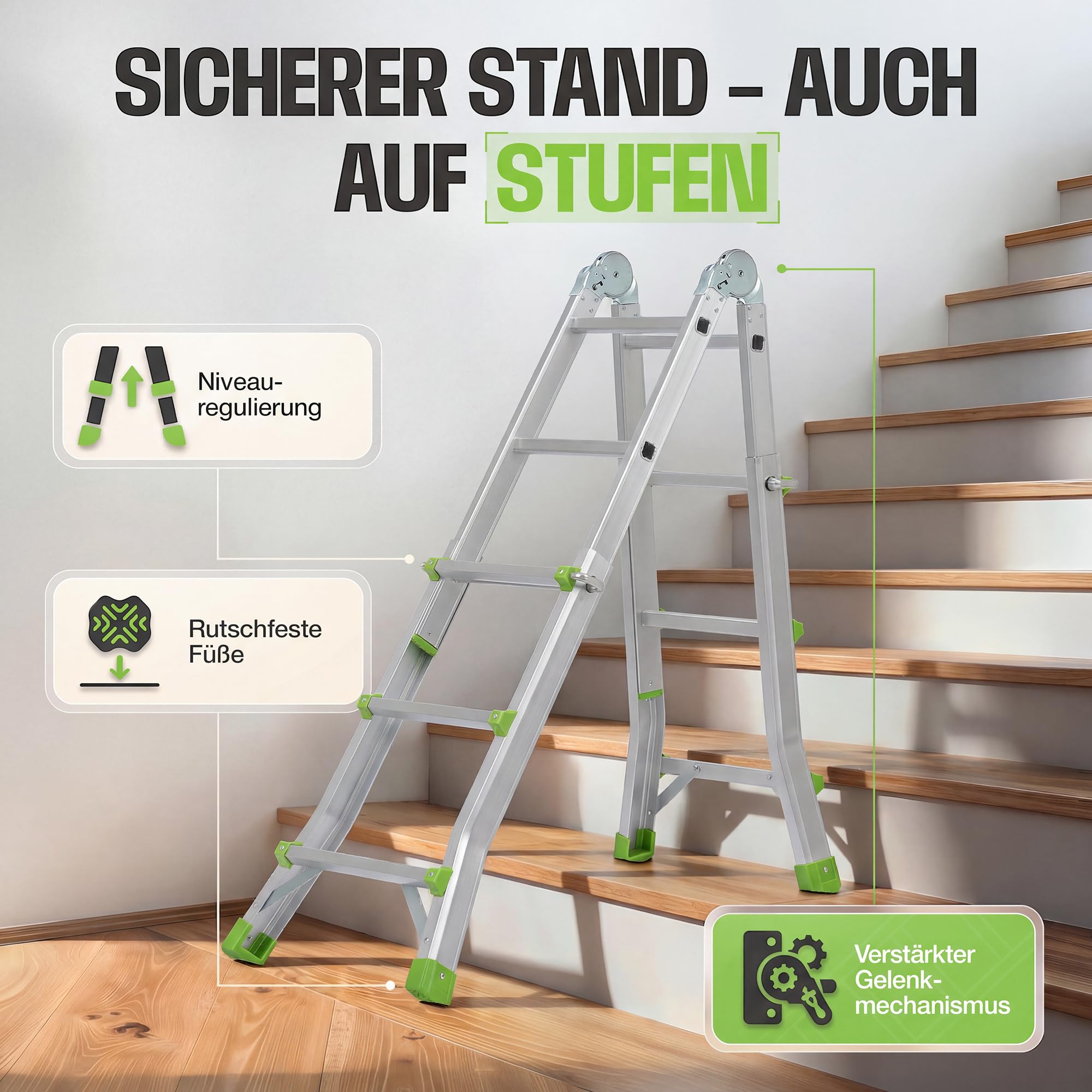 Mehrzweckleiter HomeFlex 4x3 Aluminium [3-in-1] ausziehbare Klappleiter & Teleskopleiter | Stehleiter, Anlegeleiter und Treppenleiter | Ultrakompakt 94 cm nur 8,5 kg bis 286 cm