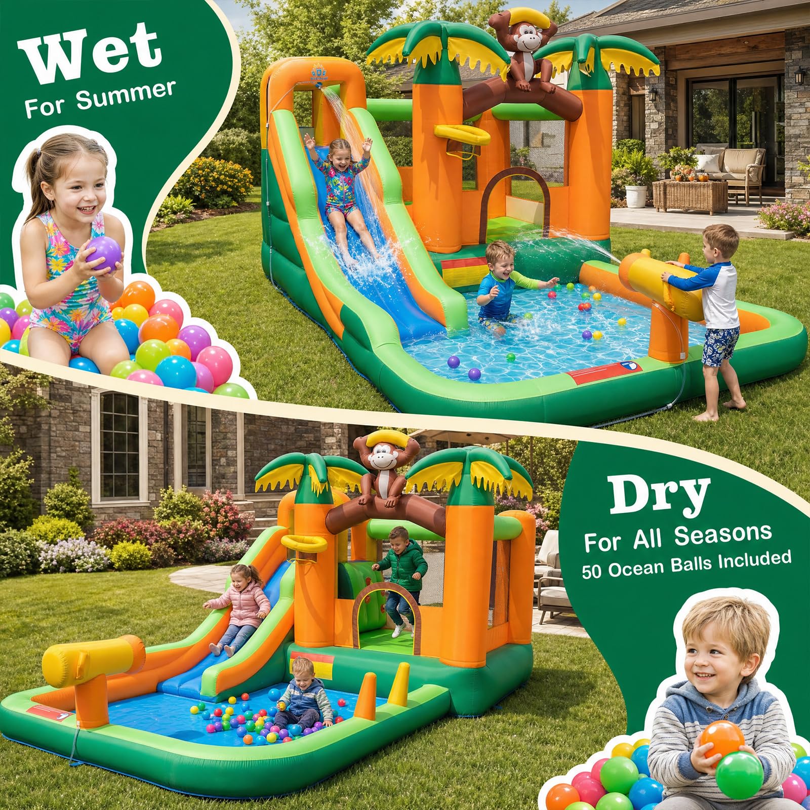 GOPLUS 7 en 1 Castillo Hinchable Mono Parque Infantil Inflable con Tobogán, para 1-3 Niños de 90 kg, 50 Bolas Oceánicas Mono, con Soplador de 680 W